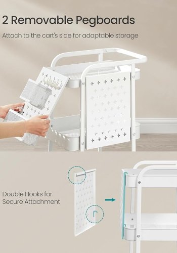 SONGMICS 3-lags opbevaringsvogn, rullende v�rkt�jsvogn, metalnethylder, 2 aftagelige stiftbr�tter, 2 oph�ngningsholdere, 4 kroge, hobbyvogn til stue, k�kken, kontor, badev�relse, Cloud White ULRC037W01