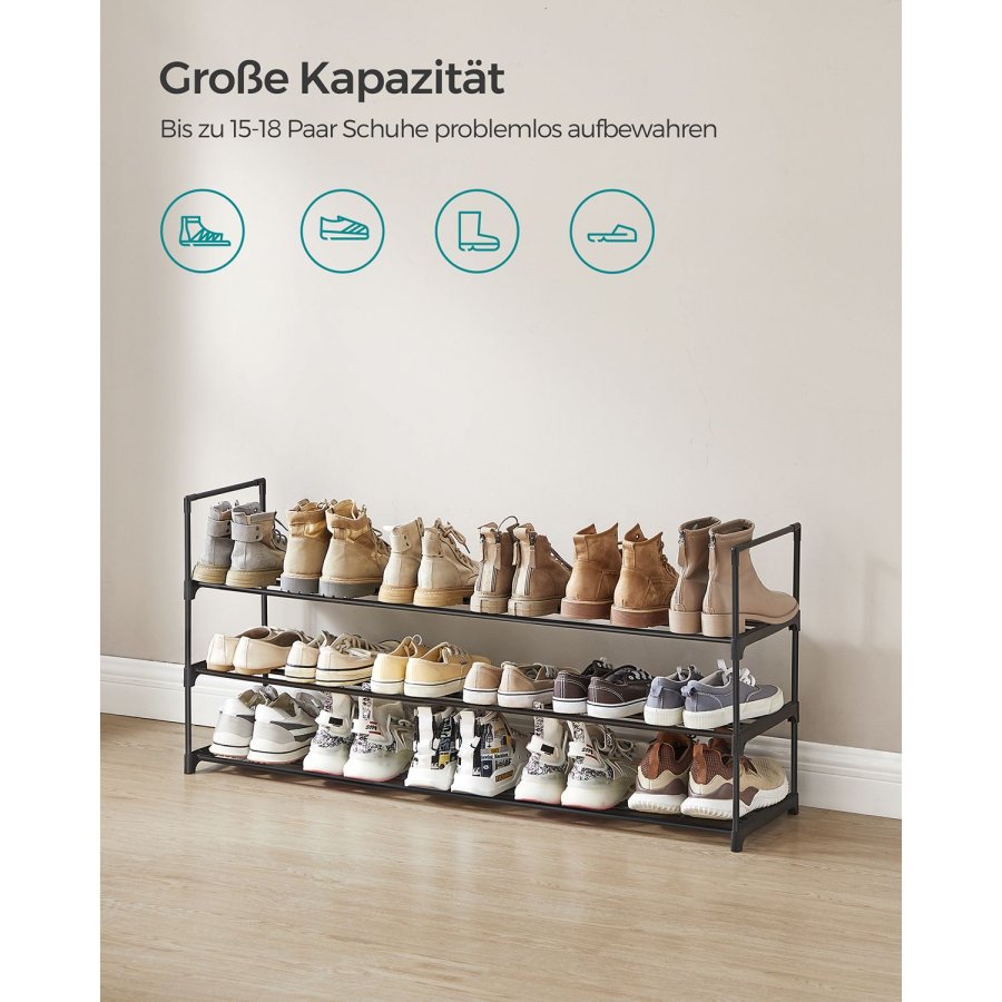 SONGMICS 3-lags skoreol, skoopbevaringsorganisator, metalopbevaringsreol, plads til 15 til 18 par sko, stabelbar skohylde, til entr&eacute;, stue, sovev�relse, 116 x 30 x 55 cm, sort LSA033B01