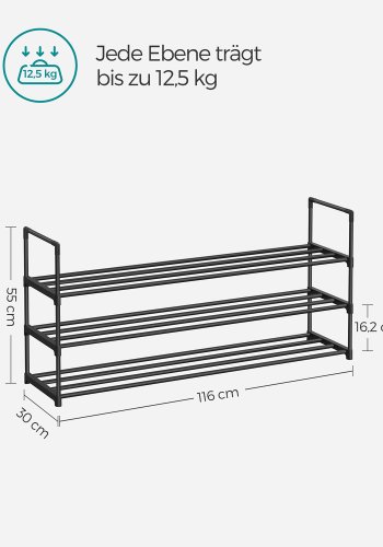 SONGMICS 3-lags skoreol, skoopbevaringsorganisator, metalopbevaringsreol, plads til 15 til 18 par sko, stabelbar skohylde, til entr&eacute;, stue, sovev�relse, 116 x 30 x 55 cm, sort LSA033B01