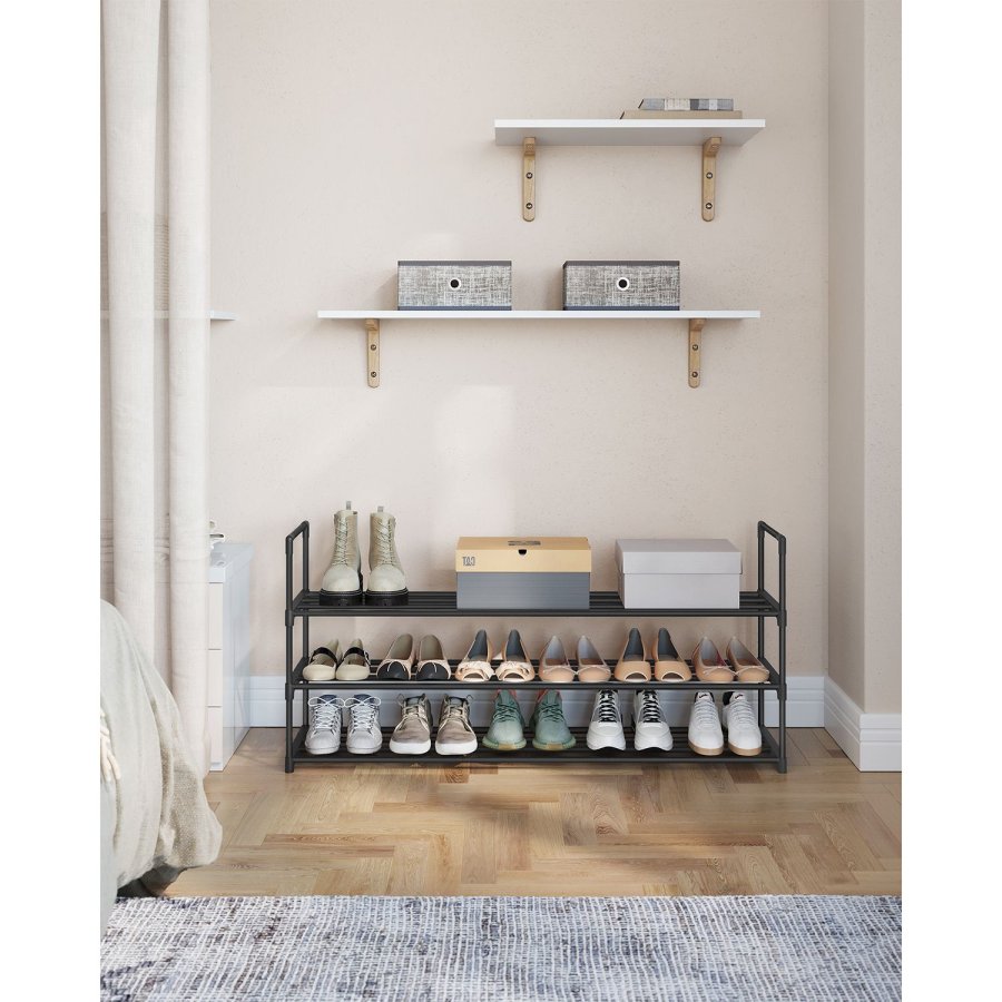 SONGMICS 3-lags skoreol, skoopbevaringsorganisator, metalopbevaringsreol, plads til 15 til 18 par sko, stabelbar skohylde, til entr&eacute;, stue, sovev�relse, 116 x 30 x 55 cm, sort LSA033B01