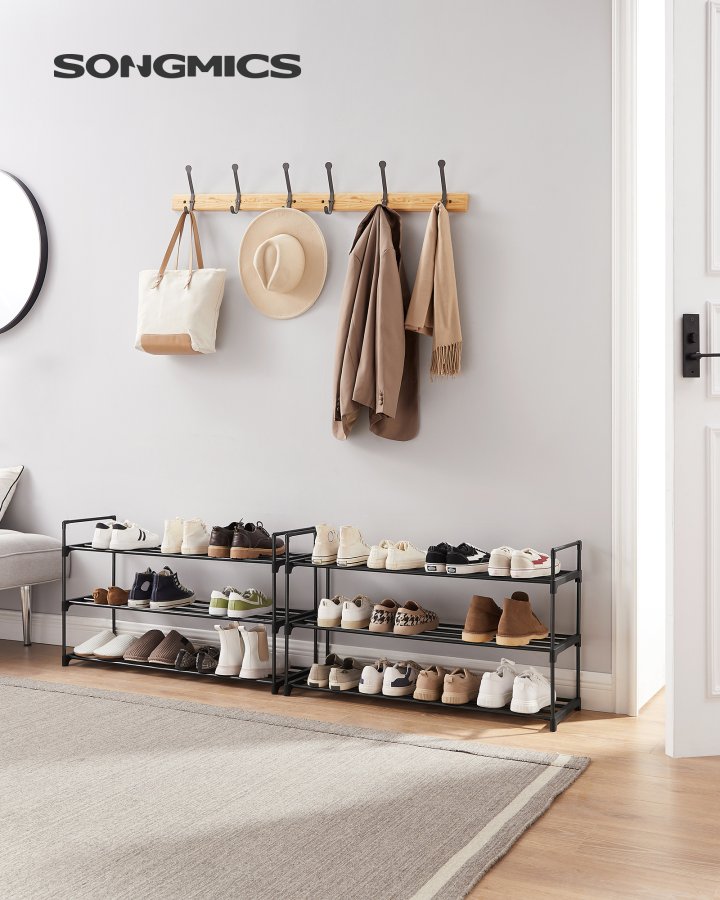 3-lags skohylde, s�t med 2 skohylder, til 12-15 par sko pr. enhed, stabelbar, 30 x 92 x 54 cm