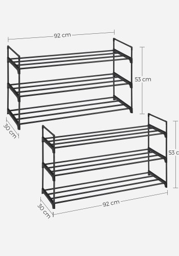 3-lags skohylde, s�t med 2 skohylder, til 12-15 par sko pr. enhed, stabelbar, 30 x 92 x 54 cm