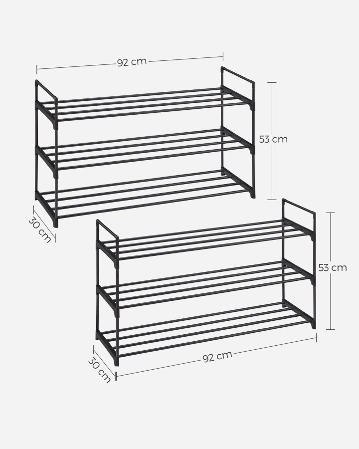 3-lags skohylde, s�t med 2 skohylder, til 12-15 par sko pr. enhed, stabelbar, 30 x 92 x 54 cm