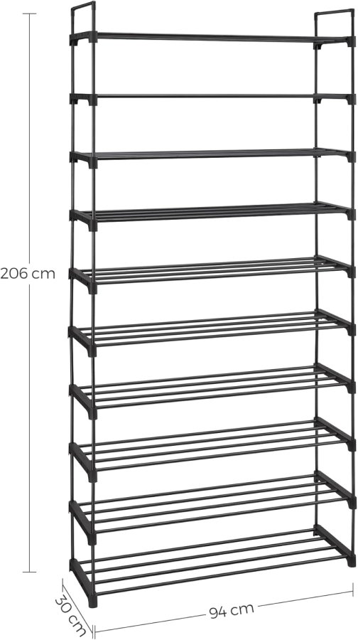 SONGMICS LSA10BK 10-v�nings skohylla h&ouml;g skohylla smal skohylla f&ouml;rvaring metall platsbesparande omkl&auml;dningsrum entr&eacute; 30 x 94 x 206 cm svart