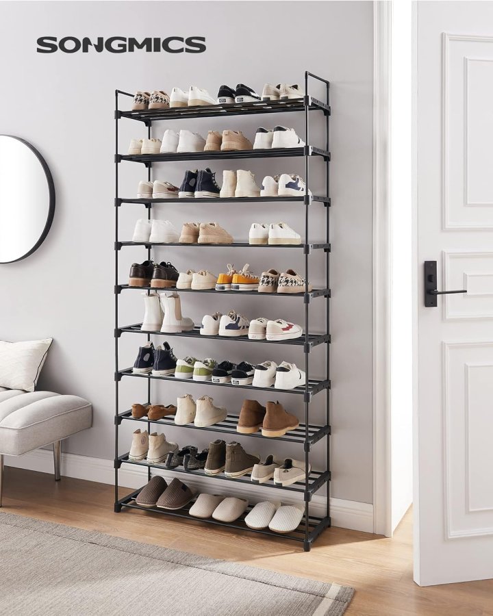SONGMICS LSA10BK 10-v�nings skohylla h&ouml;g skohylla smal skohylla f&ouml;rvaring metall platsbesparande omkl&auml;dningsrum entr&eacute; 30 x 94 x 206 cm svart