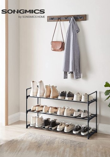 SONGMICS Schuhregal, mit 3 Ablagen, stapelbar, für 12 bis 15 Paar Schuhe – schwarzes Metall