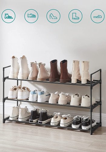 SONGMICS Schuhregal, mit 3 Ablagen, stapelbar, für 12 bis 15 Paar Schuhe – schwarzes Metall