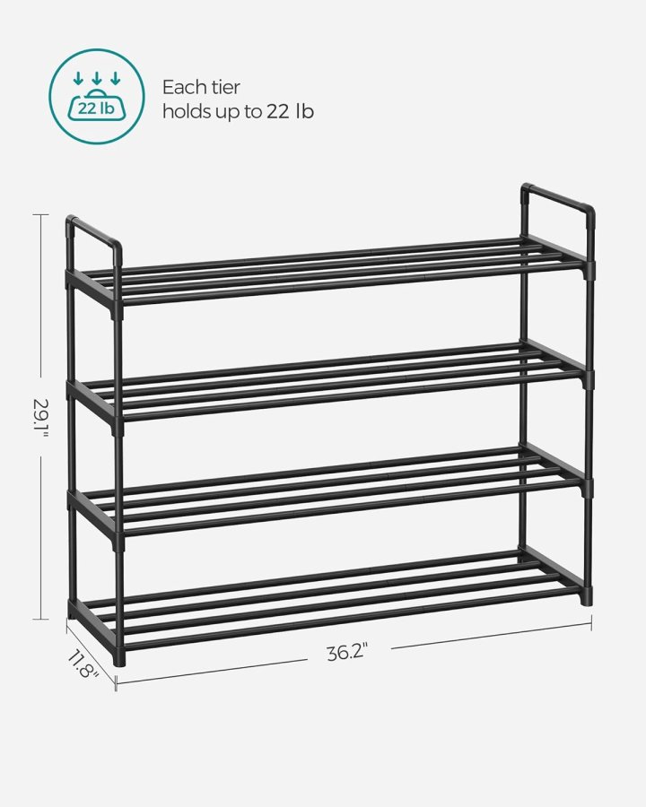 SONGMICS Skoreol, 4-lags skoorganisator, metal skoopbevaringsreol til 20 par sko, nem montering, indgang, sort LSA14BK