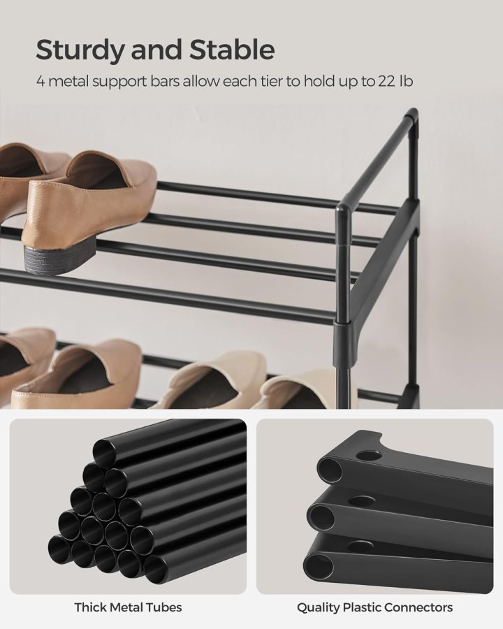 SONGMICS Skoreol, 4-lags skoorganisator, metal skoopbevaringsreol til 20 par sko, nem montering, indgang, sort LSA14BK
