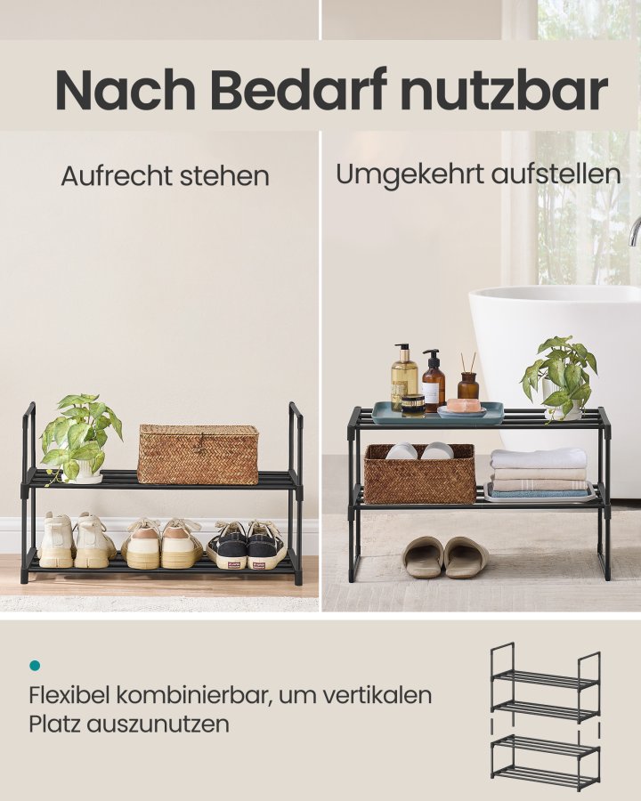 SONGMICS Skoreol 2-lags skoreol i metal, skoopbevaring, skoorganisator, oprejst eller omvendt, til 6-9 par sko, stabelbar, entr&eacute;, 30 x 68 x 33,8 cm, sort LSA202B01