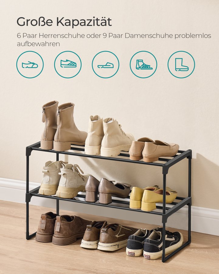 SONGMICS Skoreol 2-lags skoreol i metal, skoopbevaring, skoorganisator, oprejst eller omvendt, til 6-9 par sko, stabelbar, entr&eacute;, 30 x 68 x 33,8 cm, sort LSA202B01