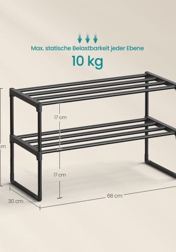SONGMICS Skoreol 2-lags skoreol i metal, skoopbevaring, skoorganisator, oprejst eller omvendt, til 6-9 par sko, stabelbar, entr&eacute;, 30 x 68 x 33,8 cm, sort LSA202B01
