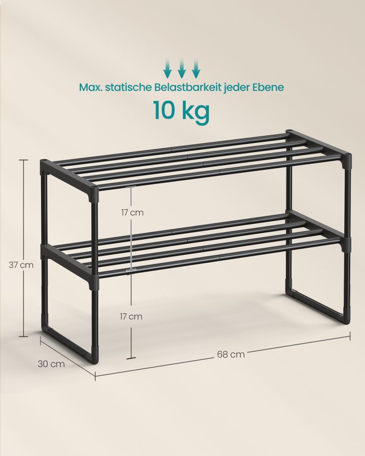 SONGMICS Skoreol 2-lags skoreol i metal, skoopbevaring, skoorganisator, oprejst eller omvendt, til 6-9 par sko, stabelbar, entr&eacute;, 30 x 68 x 33,8 cm, sort LSA202B01