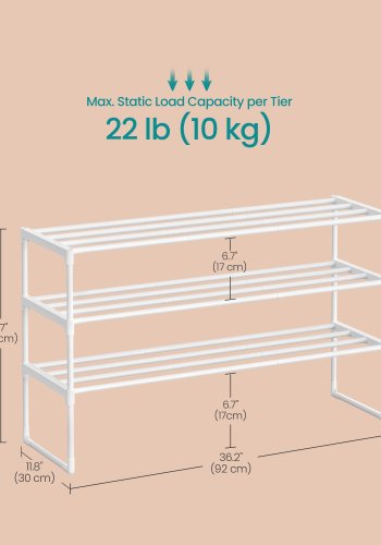 SONGMICS 3-lags skoreol, skoopbevaringsorganisator, metalopbevaringsreol, oprejst eller omvendt, passer til 16 til 20 par, stabelbar, til entr&eacute;, 30 x 92 x 55 cm, perlehvid LSA303W03