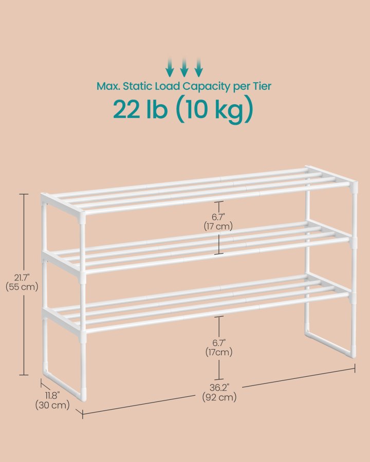 SONGMICS 3-lags skoreol, skoopbevaringsorganisator, metalopbevaringsreol, oprejst eller omvendt, passer til 16 til 20 par, stabelbar, til entr&eacute;, 30 x 92 x 55 cm, perlehvid LSA303W03