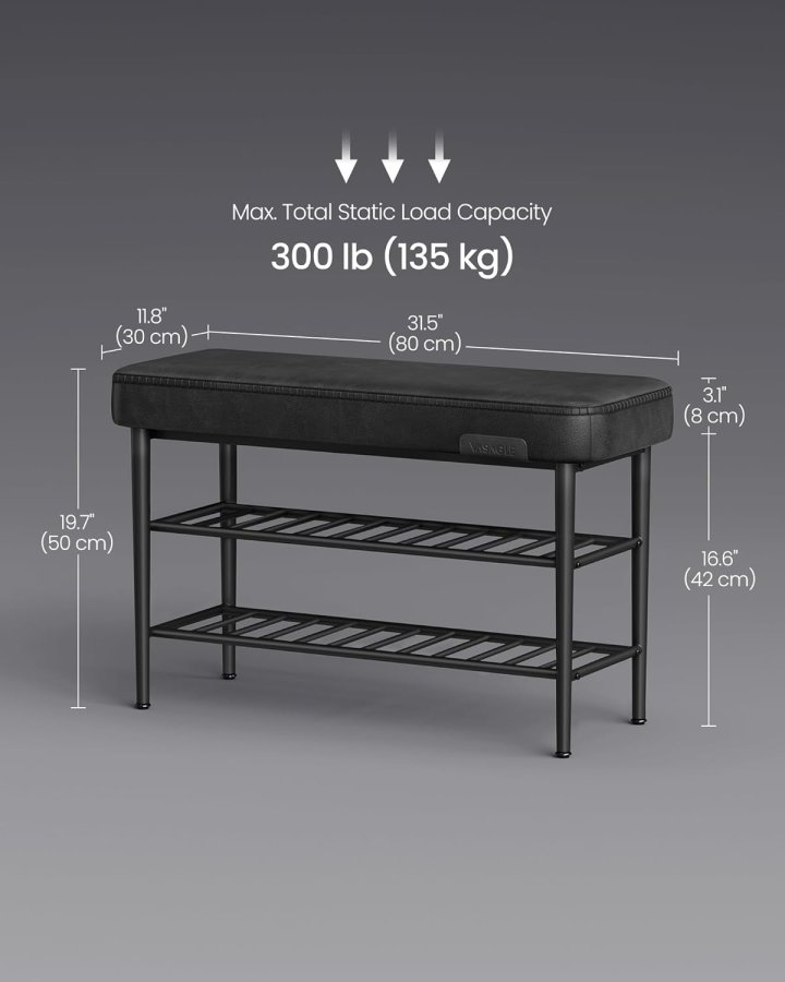 VASAGLE EKHO LSB054B01 b�nk med skoreol, m. 2 hylder - bl�ksort kunstl�der og sort st�l (80x30)
