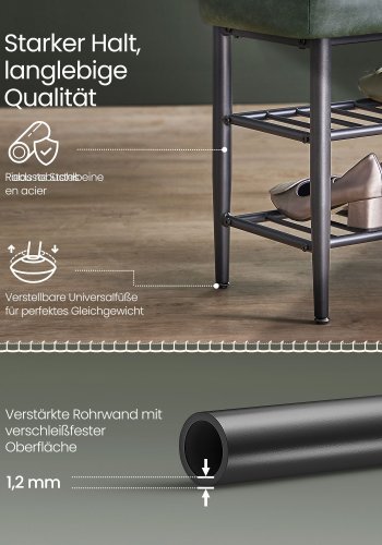 VASAGLE EKHO LSB054C01 b�nk med skoreol, m. 2 hylder - skovgr�n kunstl�der og st�l (80x30)