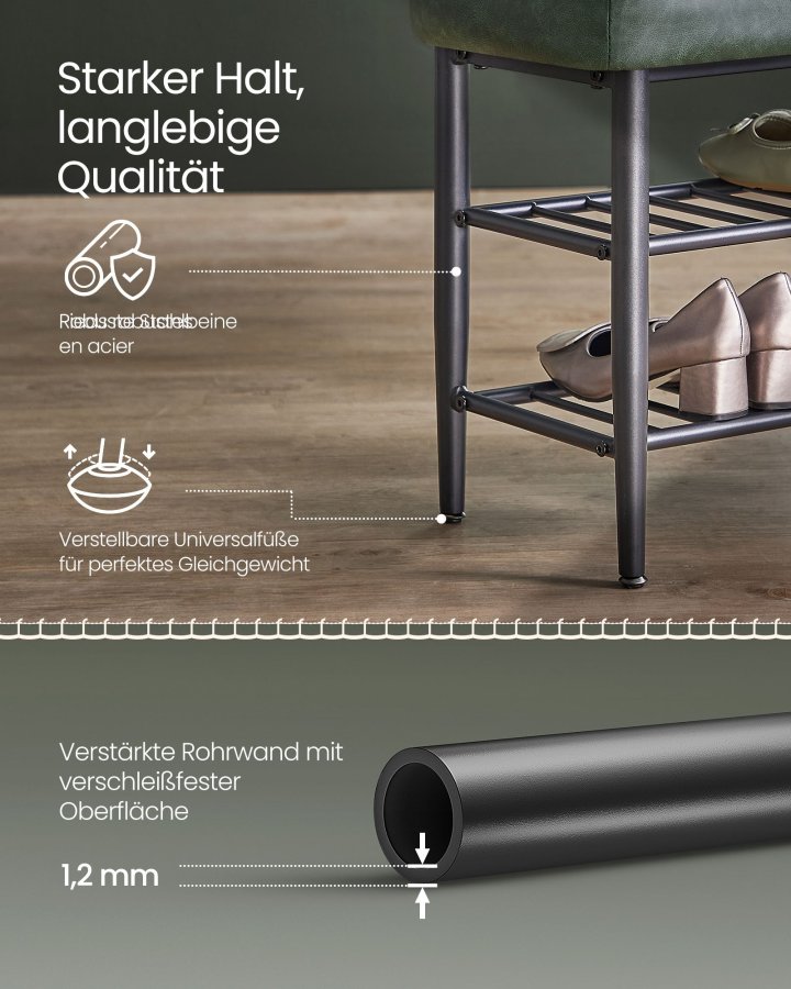 VASAGLE EKHO LSB054C01 b�nk med skoreol, m. 2 hylder - skovgr�n kunstl�der og st�l (80x30)