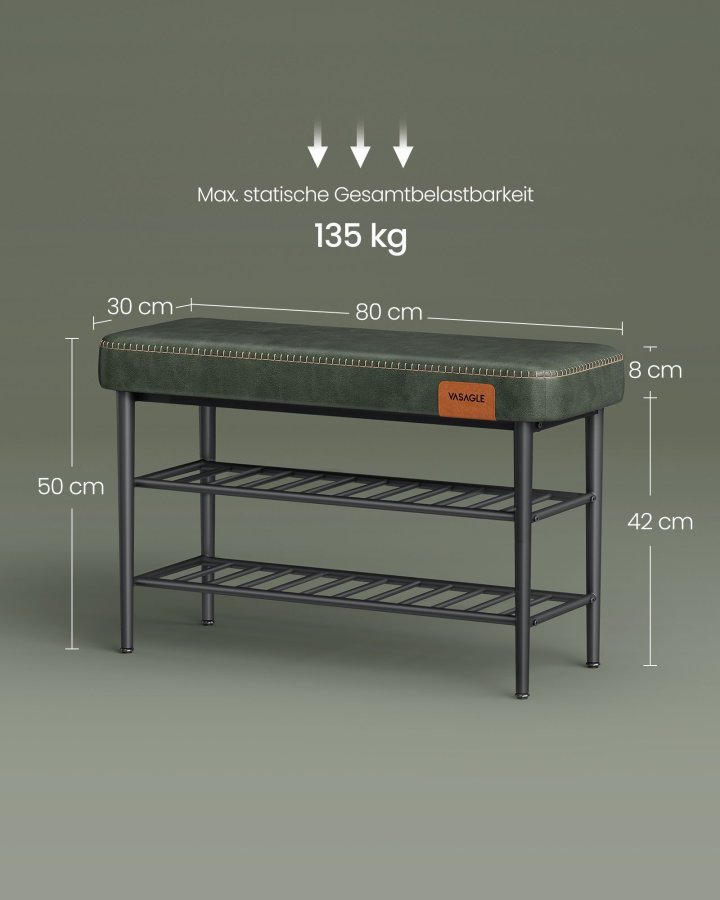 VASAGLE EKHO LSB054C01 b�nk med skoreol, m. 2 hylder - skovgr�n kunstl�der og st�l (80x30)