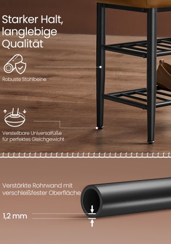 VASAGLE EKHO LSB054K01 b�nk, m. 2 skohylder - karamel kunstl�der og st�l (80x30)