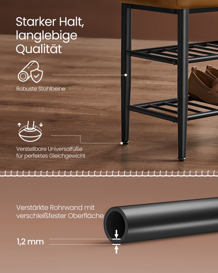 VASAGLE EKHO LSB054K01 b�nk, m. 2 skohylder - karamel kunstl�der og st�l (80x30)