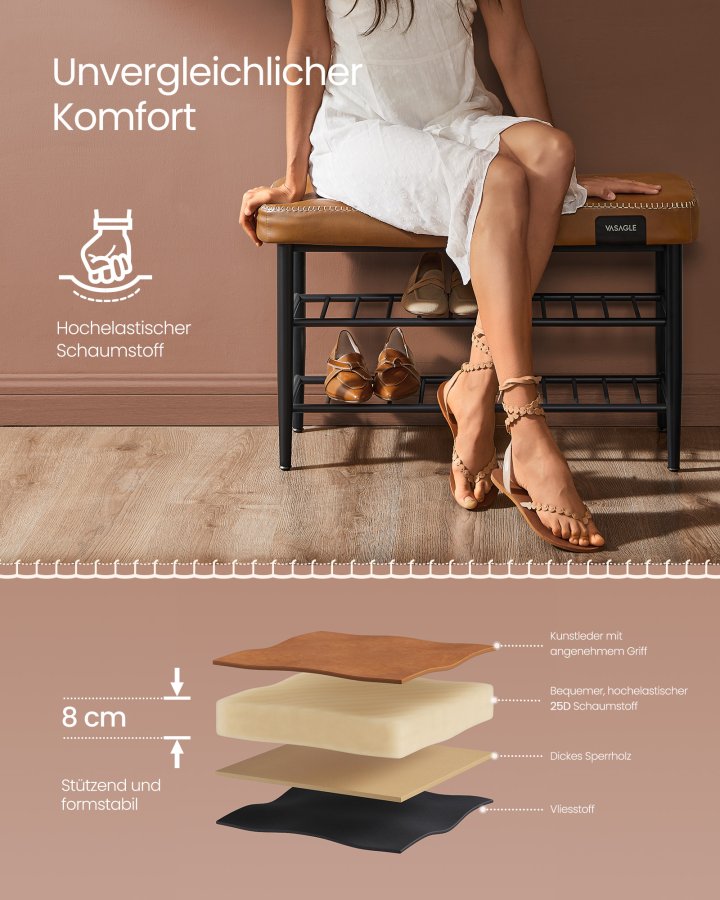 VASAGLE EKHO LSB054K01 b�nk, m. 2 skohylder - karamel kunstl�der og st�l (80x30)