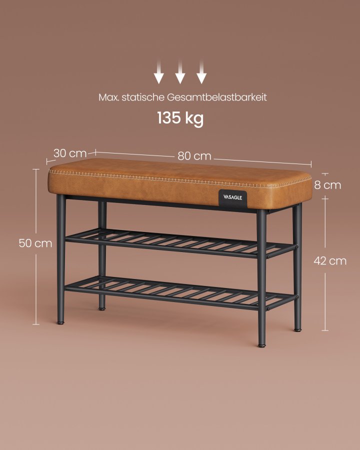 VASAGLE EKHO LSB054K01 b�nk, m. 2 skohylder - karamel kunstl�der og st�l (80x30)