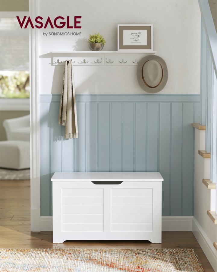 VASAGLE LSB063T14 Opbevaringskasse, Skob�nk, M�bler til Entre med 2 Sikkerhedsh�ngsler, Moderne Stil, 40 x 80 x 46 cm, Til Entre, Sovev�relse, Stue, Hvid