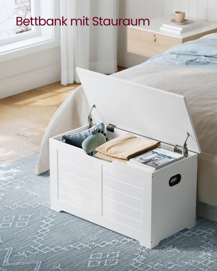 VASAGLE LSB063T14 Opbevaringskasse, Skob�nk, M�bler til Entre med 2 Sikkerhedsh�ngsler, Moderne Stil, 40 x 80 x 46 cm, Til Entre, Sovev�relse, Stue, Hvid