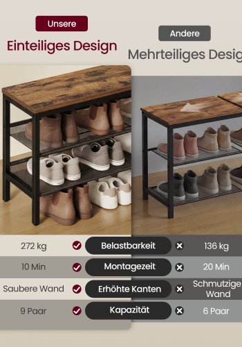 VASAGLE 3-lags skoreol, hylder i &eacute;t stykke, skoopbevaringsorganisator med h�vede kanter, industriel stil, nem montering, 28 x 75 x 50 cm, rustik brun og matsort LSB070KD02
