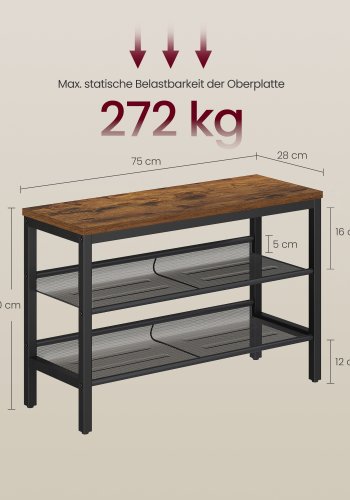 VASAGLE 3-lags skoreol, hylder i &eacute;t stykke, skoopbevaringsorganisator med h�vede kanter, industriel stil, nem montering, 28 x 75 x 50 cm, rustik brun og matsort LSB070KD02