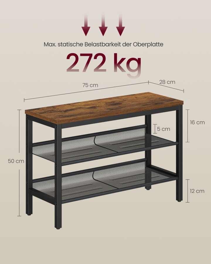 VASAGLE 3-lags skoreol, hylder i &eacute;t stykke, skoopbevaringsorganisator med h�vede kanter, industriel stil, nem montering, 28 x 75 x 50 cm, rustik brun og matsort LSB070KD02