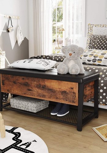VASAGLE benk, m. PU-pute, 1 hylle og oppbevaringsplass - rustikk brun sponplate og sort stl (100x40)