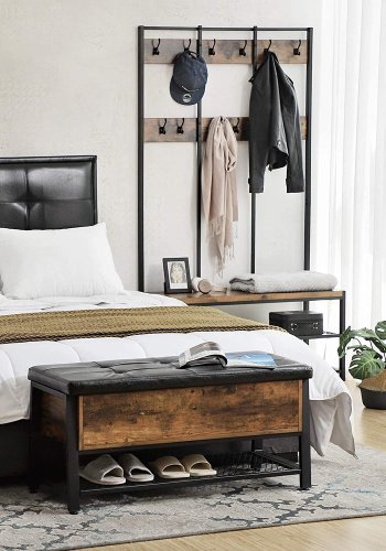 VASAGLE benk, m. PU-pute, 1 hylle og oppbevaringsplass - rustikk brun sponplate og sort stl (100x40)