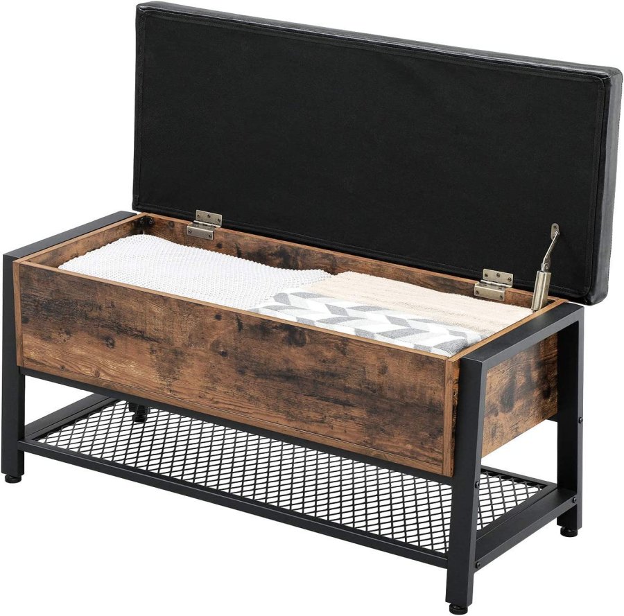 VASAGLE benk, m. PU-pute, 1 hylle og oppbevaringsplass - rustikk brun sponplate og sort stl (100x40)