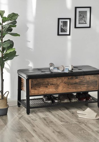 VASAGLE benk, m. PU-pute, 1 hylle og oppbevaringsplass - rustikk brun sponplate og sort stl (100x40)