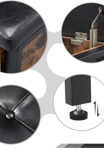 VASAGLE benk, m. PU-pute, 1 hylle og oppbevaringsplass - rustikk brun sponplate og sort stl (100x40)