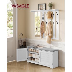 VASAGLE Skob�nk, V�gskab, Knager�kke med Spejl, 10 Dobbeltkroge, Skoreol med Justerbare Hylder, Dobbeltd�re, Bredde 101 cm, Cloud White LSC011W01