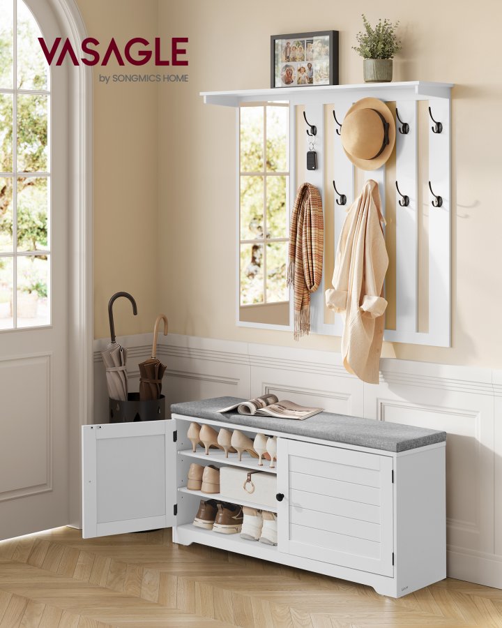 VASAGLE Skob�nk, V�gskab, Knager�kke med Spejl, 10 Dobbeltkroge, Skoreol med Justerbare Hylder, Dobbeltd�re, Bredde 101 cm, Cloud White LSC011W01