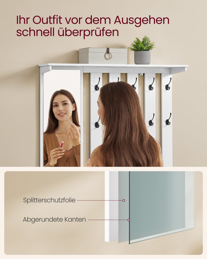 VASAGLE Skob�nk, V�gskab, Knager�kke med Spejl, 10 Dobbeltkroge, Skoreol med Justerbare Hylder, Dobbeltd�re, Bredde 101 cm, Cloud White LSC011W01