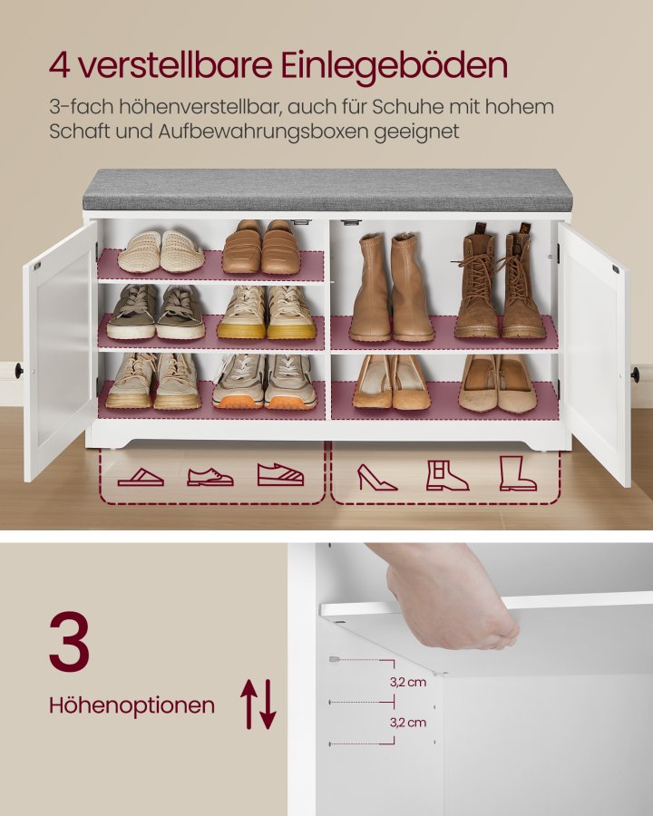 VASAGLE Skob�nk, V�gskab, Knager�kke med Spejl, 10 Dobbeltkroge, Skoreol med Justerbare Hylder, Dobbeltd�re, Bredde 101 cm, Cloud White LSC011W01