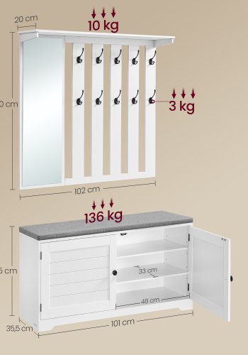 VASAGLE Skob�nk, V�gskab, Knager�kke med Spejl, 10 Dobbeltkroge, Skoreol med Justerbare Hylder, Dobbeltd�re, Bredde 101 cm, Cloud White LSC011W01