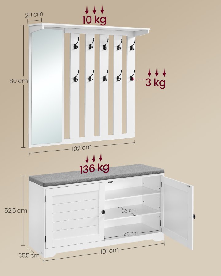VASAGLE Skob�nk, V�gskab, Knager�kke med Spejl, 10 Dobbeltkroge, Skoreol med Justerbare Hylder, Dobbeltd�re, Bredde 101 cm, Cloud White LSC011W01