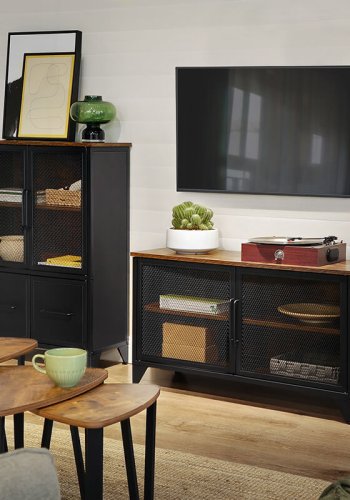 VASAGLE Schrank, mit 4 Türen und 1 Regal – rustikale braune Spanplatte und mattschwarzer Stahl