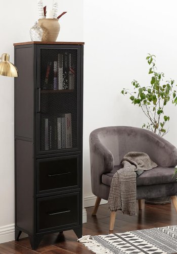 VASAGLE Hochschrank, mit 3 Türen und 2 Einlegeböden – rustikale braune Spanplatte und mattschwarzer Stahl