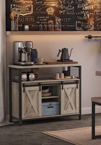 VASAGLE Sideboard, mit 2 Schiebetüren und verstellbaren Einlegeböden – graue Spanplatte und schwarzer Stahl