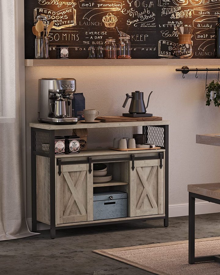 VASAGLE Sideboard, mit 2 Schiebetüren und verstellbaren Einlegeböden – graue Spanplatte und schwarzer Stahl