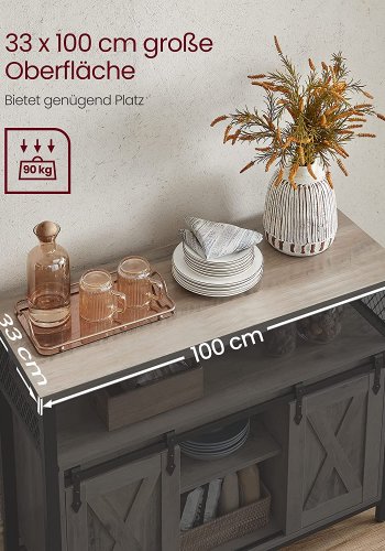 VASAGLE Sideboard, mit 2 Schiebetüren und verstellbaren Einlegeböden – graue Spanplatte und schwarzer Stahl