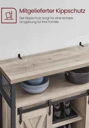 VASAGLE Sideboard, mit 2 Schiebetüren und verstellbaren Einlegeböden – graue Spanplatte und schwarzer Stahl