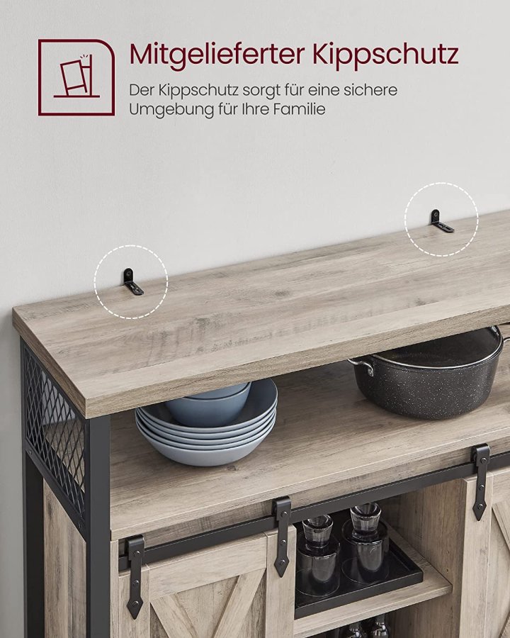 VASAGLE Sideboard, mit 2 Schiebetüren und verstellbaren Einlegeböden – graue Spanplatte und schwarzer Stahl